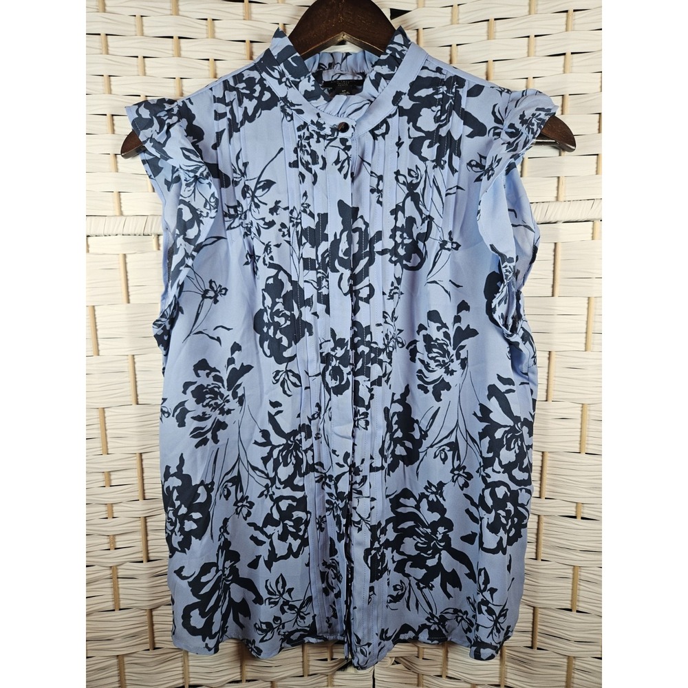 Ann Taylor Womens High Neck Floral Blue Top Sz PM Bloomcore Cottagecore